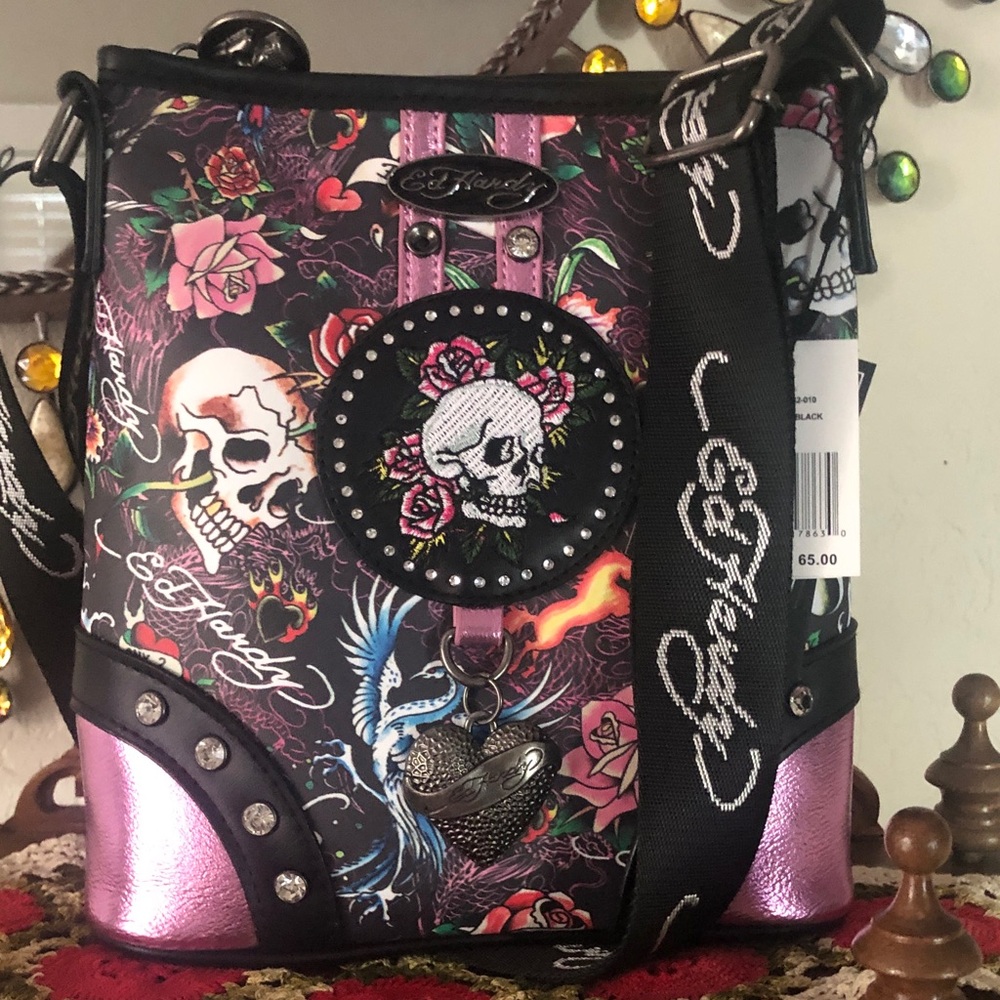 NWT Ed Hardy Metallic Pink and Black Floral Skull Crossbody Bag w/Rhinestones